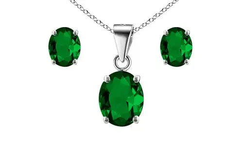 925 Sterling Silver Emerald Oval Cut Pendant Necklace and Earring Set For Women ABC Jewelery